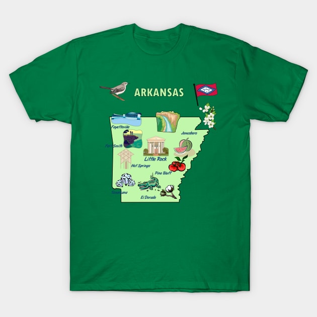 Arkansas tourist map with landmarks, attractions and famous symbols T-Shirt by Mashmosh